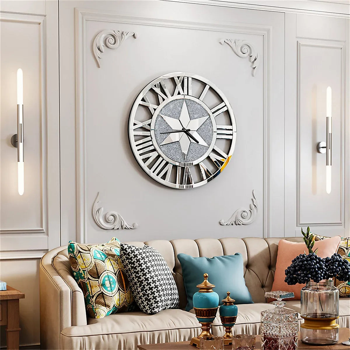 Artloge Crystal Mirror Wall Clock Silver RomanNumerals Home-Furniture Kingdom